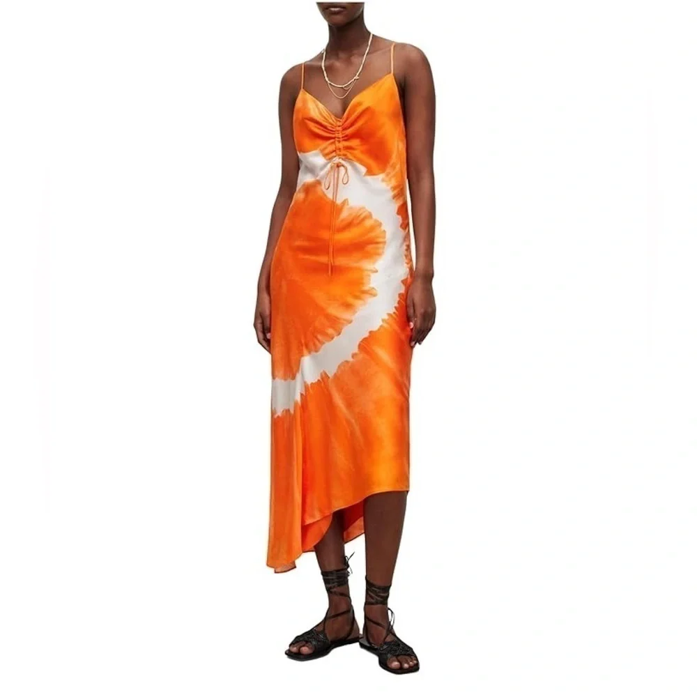 NEW All Saints Alexia Mariana Silk Blend Tie Dye Midi Dress Orange ๐ - Picture 2 of 16